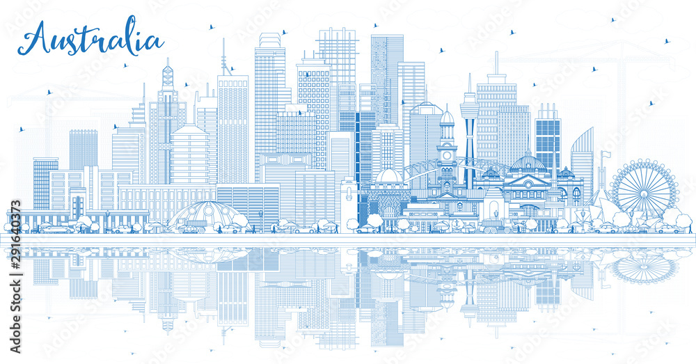 Outline Australia City Skyline with Blue Buildings and Reflections.