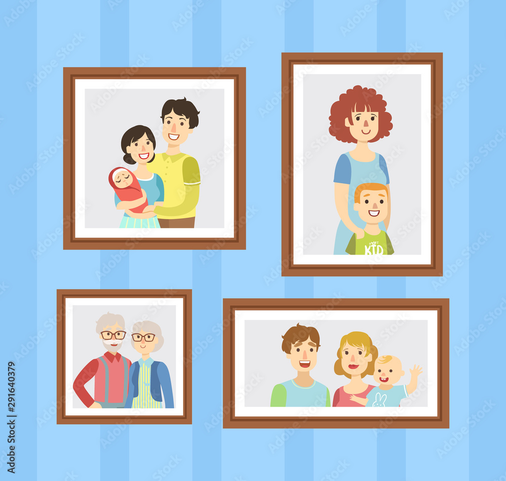 Family Photos Set, Pictures in Wooden Frames Hanging on the Wall Vector Illustration Family Photos Set, Pictures in Wooden Frames Hanging on the Wall Vector Illustration