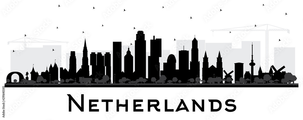 Netherlands Skyline Silhouette with Black Buildings Isolated on White.