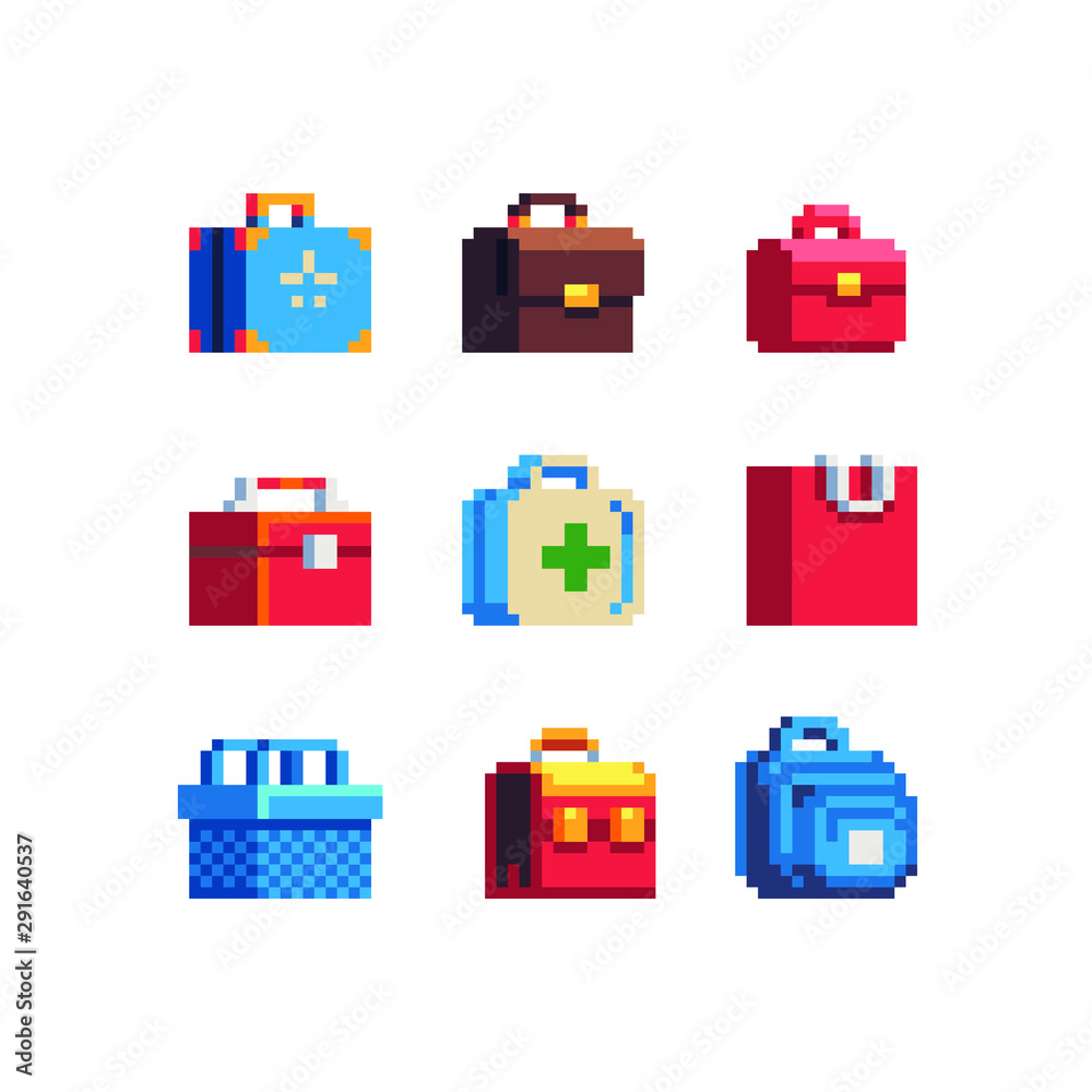 Bags set, backpack, first aid kit, retro suitcase, basket pixel art  shopping icon. Isolated on white background vector illustration. Design for  stickers, mobile app, web and logo. 8-bit sprite. Stock Vector