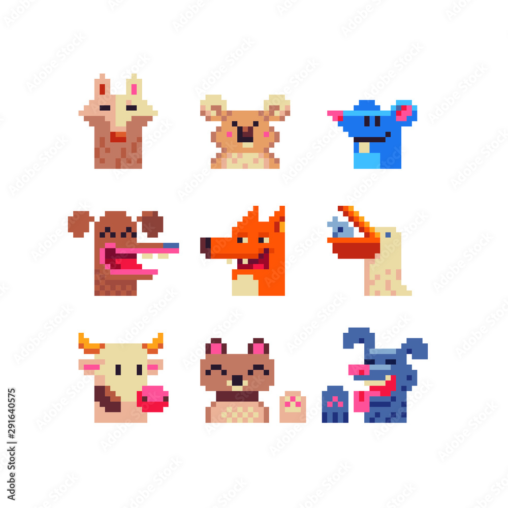 Animals pixel art icons set, mosaic design, kuala, dog, mouse, cow, cat head, isolated vector flat style illustration. Design for stickers, logo, embroidery and mobile app. Video game assets 8-bit.