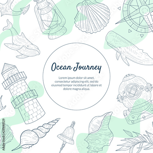 Ocean Journey Banner Template  Sea Travel Hand Drawn Poster with Marine Elements Monochrome Vector Illustration