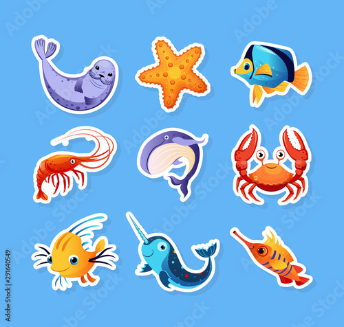 Collection of Stickers with Cute Friendly Sea Creatures  Colorful Adorable Marine Animals Vector Illustration
