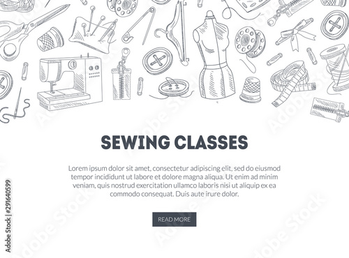 Sewing Classes Landing Page with Hand Drawn Sewing Supplies, Needlework, Tailoring Education, Website, Mobile App Template Vector Illustration