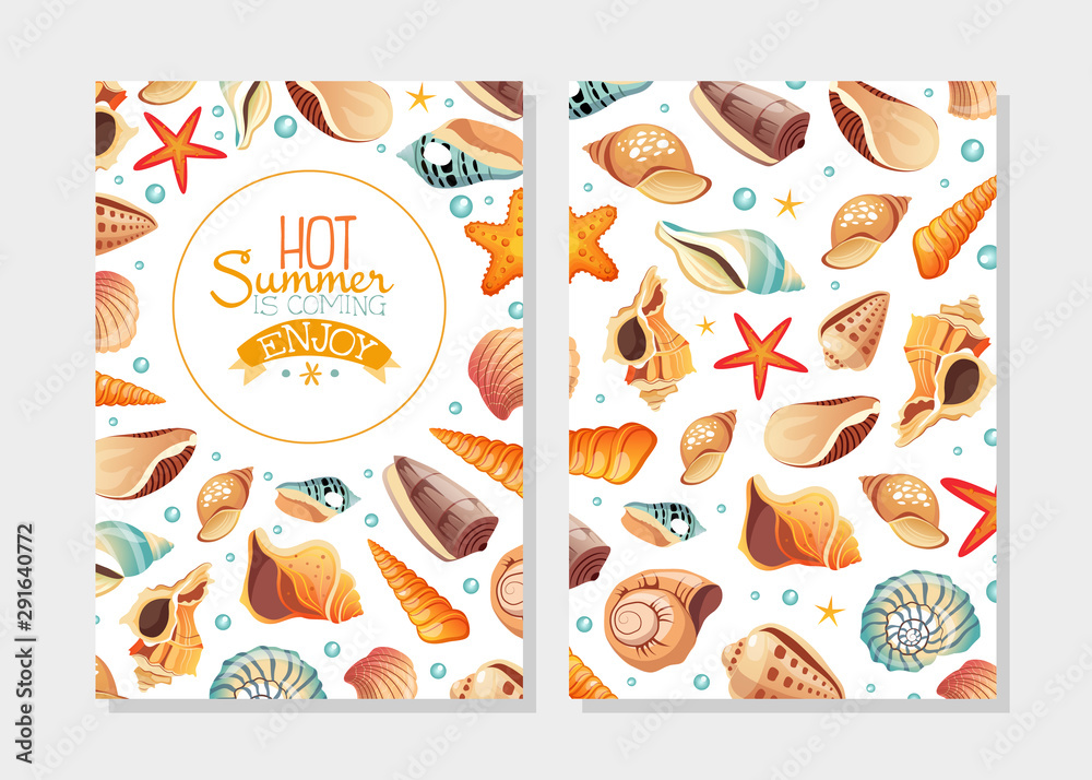Enjoy Hot Summer Card Template with Seashells, Design Element Can Be Used for Menu, Packaging, Flyer, Certificate Vector Illustration