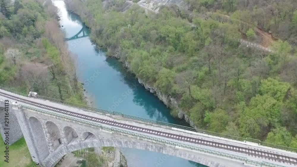 Aerial view of Solkan bridge above Isonzo (Soca) river. Slovenia Aerial view of Solkan bridge above Isonzo (Soca) river. Slovenia