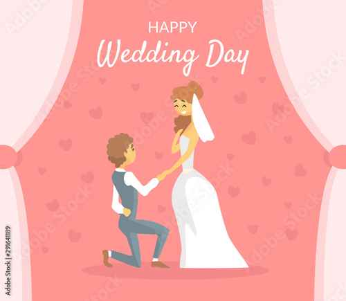 Happy Wedding Day, Just Married Romantic Couple Characters, Groom Standing on his Knee Next to His Bride Vector Illustration