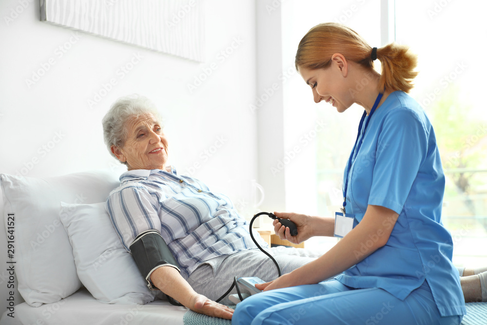 Obraz premium Nurse measuring blood pressure of elderly woman indoors. Medical assistance