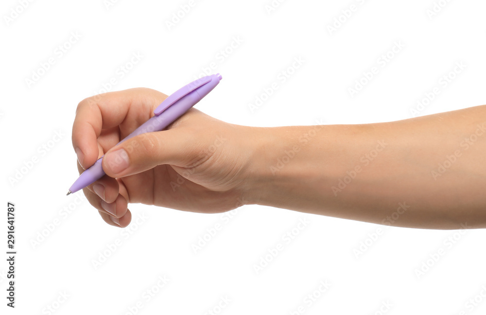 Young man holding pen on white background, closeup Young man holding pen on white background, closeup