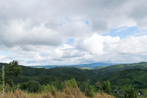 Beautiful mountain landscape, with mountain peaks covered with forest and a cloudy sky. Bulgarian mountains