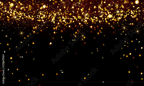 Festive background, gold lights on black, glitter, confetti, yellow, Christmas, party, tinsel
