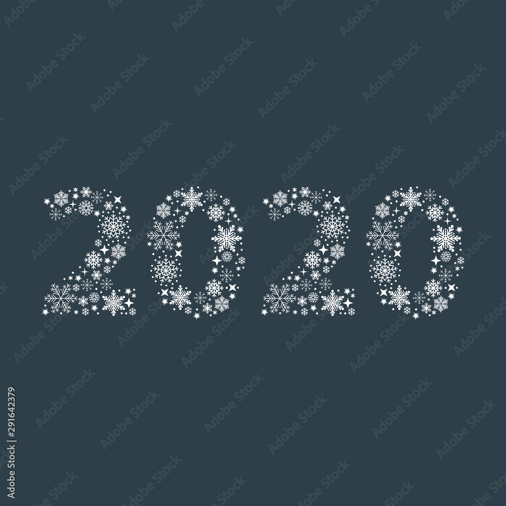 Happy New Year 2020 text 2020 rrom snowlakes in flat style Vector illustration.