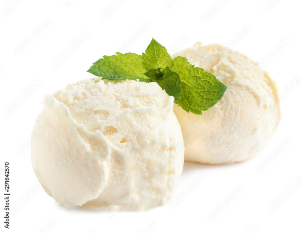 Scoops of delicious ice cream with mint on white background