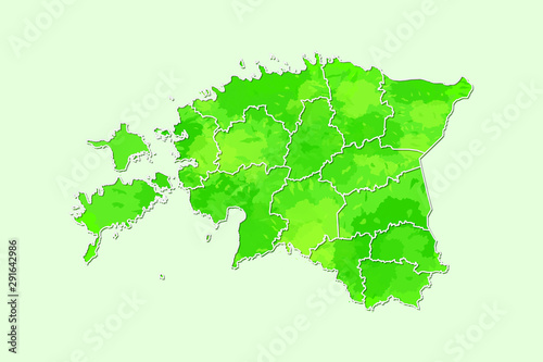 Estonia watercolor map vector illustration of green color with border lines of different regions or provinces on light background using paint brush in page