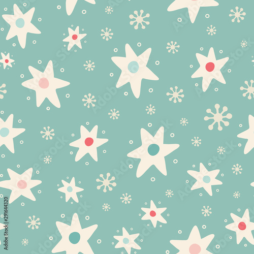 Christmas tossed star and snowflake seamless pattern background. Hand drawn seasonal vector repeat design in vintage colours.