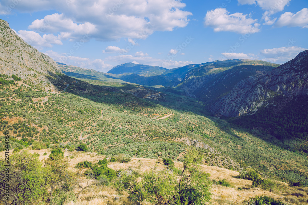 Fototapeta premium City Delphi. Greek Republic. Nature and mountains on a sunny summer day. 13. Sep. 2019.