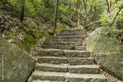 stone paved stairs uphill inside park with trees and rocks on both sides and with fallen leaves cover on the sides