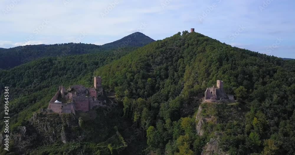 Circling Aerial View of French Castles Chateau de Saint-Ulrich and Chateau du Girsberg with Chateau du Haut-Ribeaupierre in background in Alsace-Lorraine, France Circling Aerial View of French Castles Chateau de Saint-Ulrich and Chateau du Girsberg with Chateau du Haut-Ribeaupierre in background in Alsace-Lorraine, France