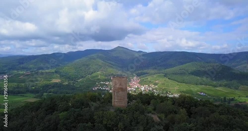 Ascending Aerial View of Plixbourg Castle (Chateau du Pflixbourg) and Valley in Alsace-Lorraine, France photo