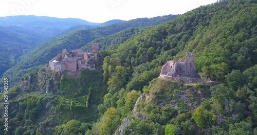 Sunny, Circling Aerial View of French Castles Chateau de Saint-Ulrich and Chateau du Girsberg in Alsace-Lorraine, France photo