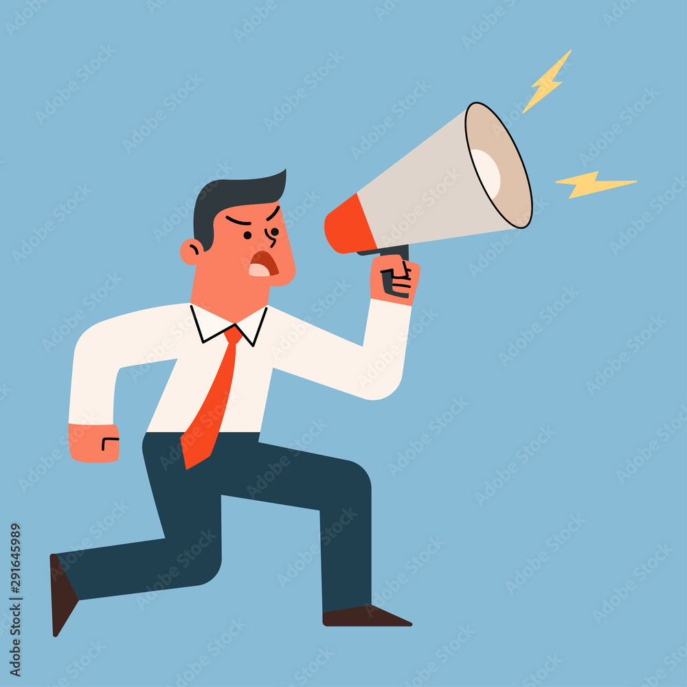 Businessman shouting and screaming with megaphone, vector cartoon illustration. Businessman shouting and screaming with megaphone, vector cartoon illustration.