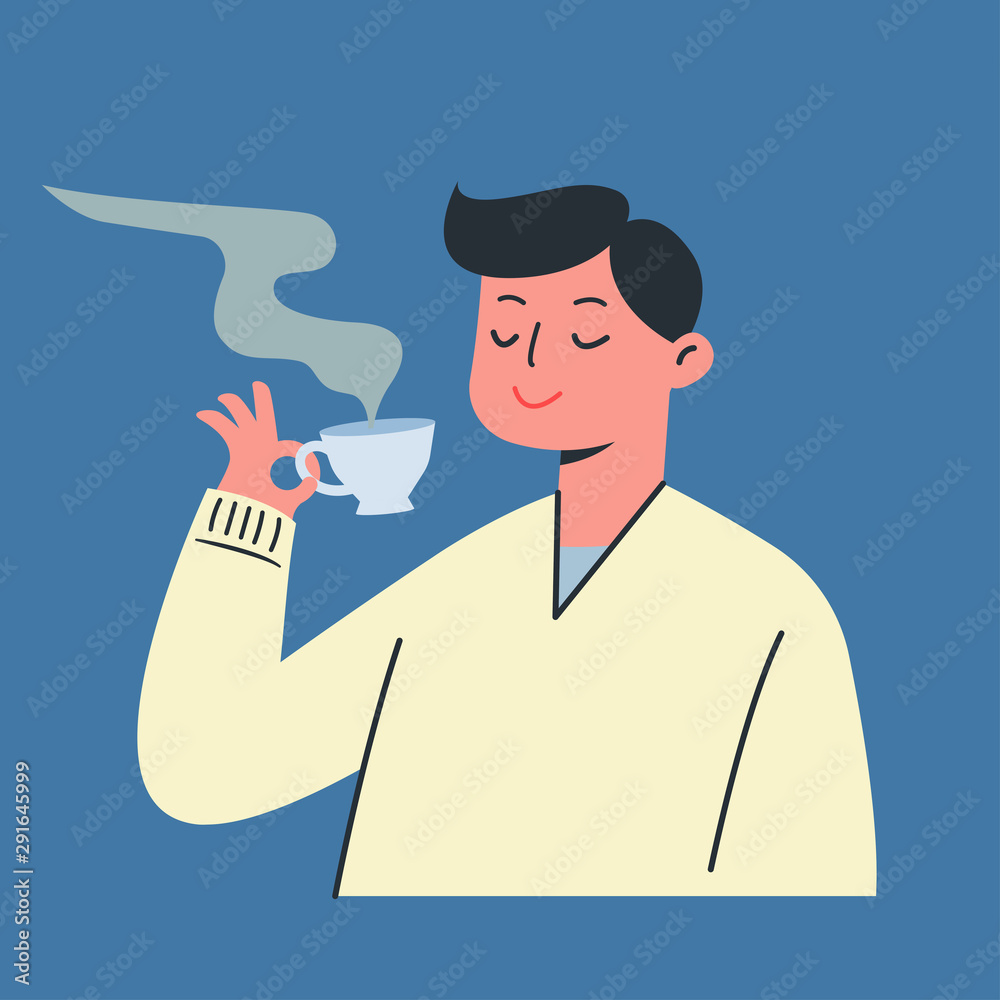Young man is holding a cup of tea. hot coffee in winter, Vector illustration.