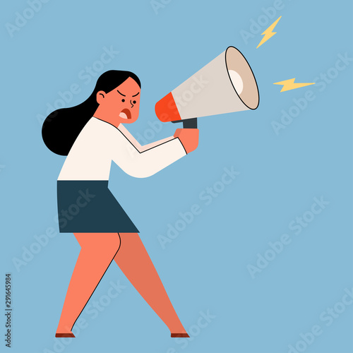 Businesswoman shouting and screaming with megaphone, vector cartoon illustration.