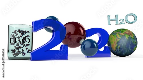 3D animation date 2020 new year formed by the water molecule and rotating planet Earth. Near a glass with water molecules in motion. photo