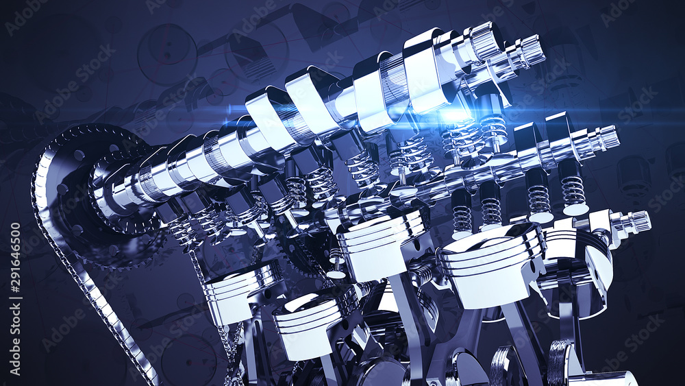 Fuel Injected V8 Engine With Effects. Pistons And Other Mechanical