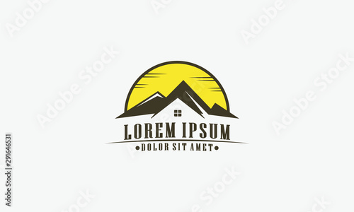 Mountain lodge logo template with vintage concept in flat design pictogram illustration