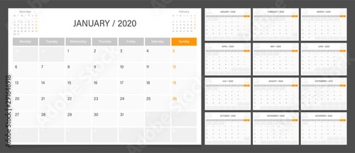 Calendar 2020 week start Monday corporate design planner template.