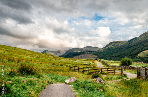 View of Achintee. Here is the starting point for the "Mountain Path" the most popular route up Ben Nevis. Achintee is around 2 km south-east of Fort William, in the Scottish Highlands.