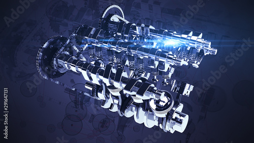 Shiny Powerful 3D V8 Engine With Motion Graphics Background. Pistons And Other Mechanical Parts - 3D Illustration Render