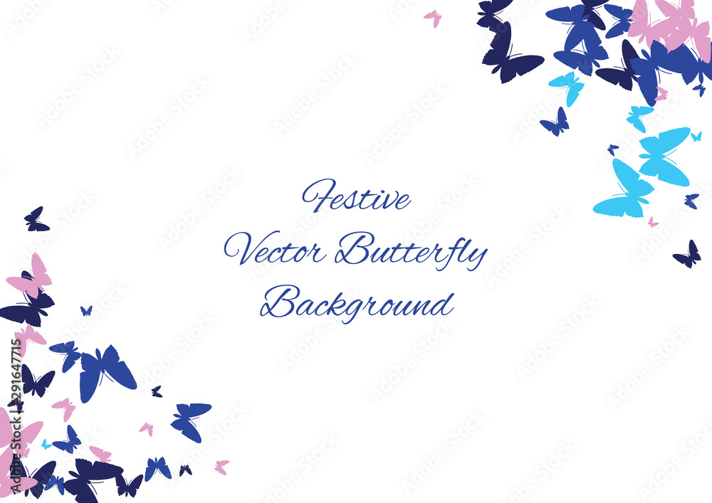 Naklejka premium Festive butterfly confetti background. Frame vector pattern texture for holiday, postcard, poster, carnival, banner, birthday and children's parties. Butterfly cover mock-up. Wedding butterfly layout