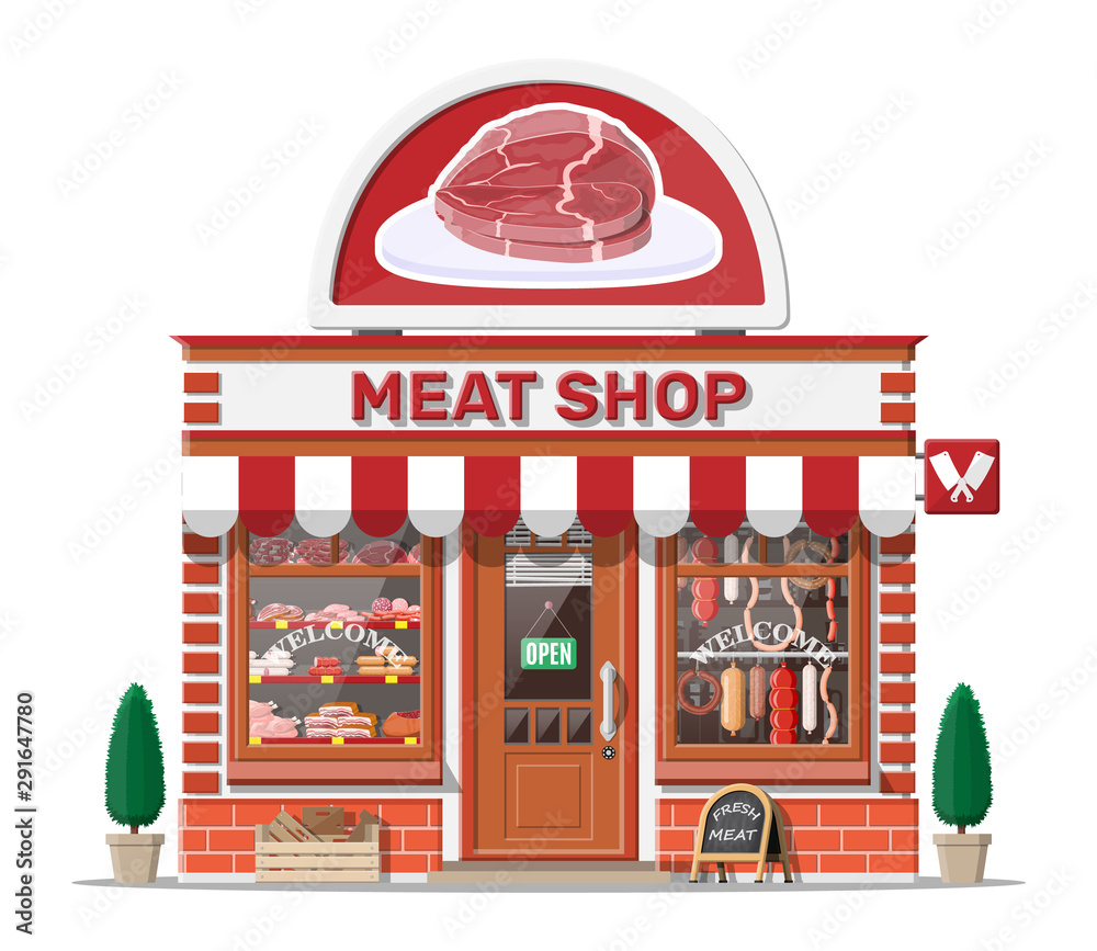 Vintage butcher shop store facade with storefront. Meat street market