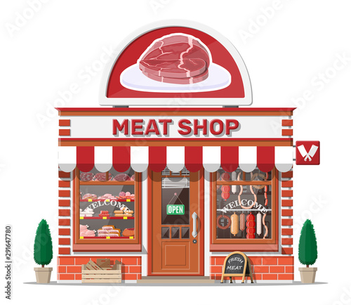 Vintage butcher shop store facade with storefront. Meat street market. Meat store stall showcase counter. Sausage slices delicatessen gastronomic product of beef pork chicken. Flat vector illustration