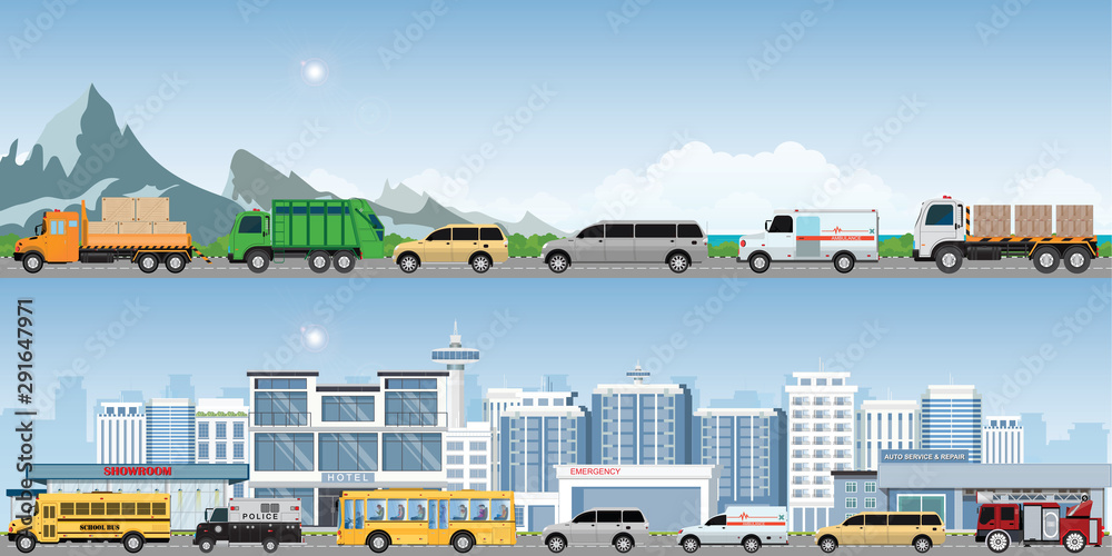 Modern highways road with many different vehicles.