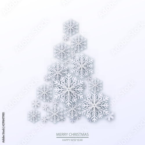 Christmas illustration with white three-dimensional tree. Vector