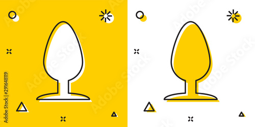 Black Anal plug icon isolated on yellow and white background. Butt plug sign. Fetish accessory. Sex toy for men and woman. Random dynamic shapes. Vector Illustration