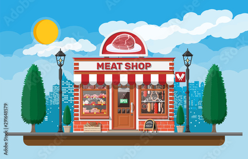 Vintage butcher shop store facade with storefront. Meat street market. Meat store stall showcase counter. Sausage slices delicatessen gastronomic product of beef pork chicken. Flat vector illustration