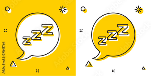 Black Speech bubble with snoring icon isolated on yellow and white background. Concept of sleeping, insomnia, alarm clock app, deep sleep, awakening. Random dynamic shapes. Vector Illustration