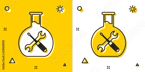 Black Bioengineering with screwdriver and wrench icon isolated on yellow and white background. Adjusting, service, setting, maintenance, repair, fixing. Random dynamic shapes. Vector Illustration