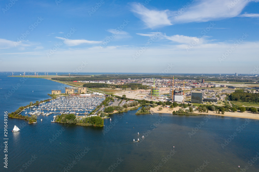 Aerial view of Marina Muiderzand and the new district DUIN in Almere Poort