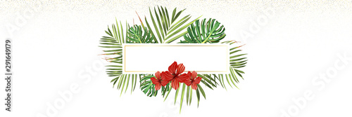 Tropical beach. Floral jungle palm background. Vector tropic illustration. Green tropical beach banner