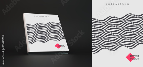 Cover design template. Black and white pattern with optical illusion. Applicable for placards, banners, book covers, brochures, planners or notebooks. 3d vector illustration.