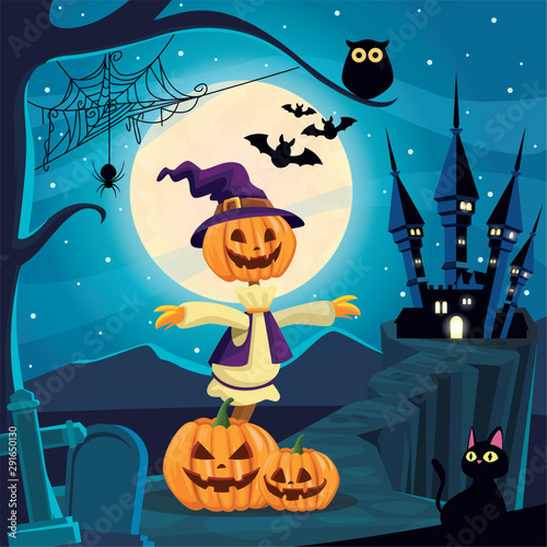 halloween dark scene with scarecrow and pumpkins