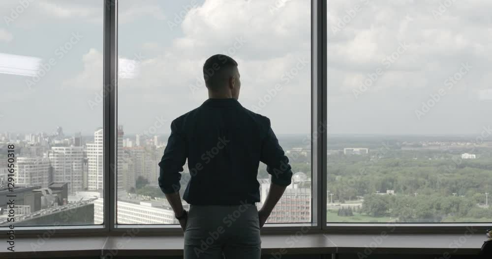 Back view of young businessman standing in a modern office, near panoramic window, man looks at the city.