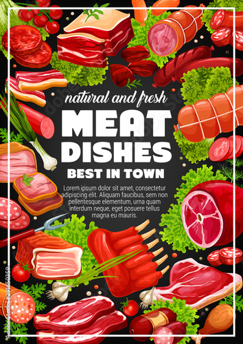 Pork and beef, lamb ribs, sausages. Meat dishes