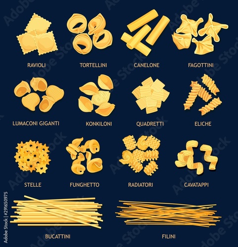 Italian pasta types, cuisine vector objects
