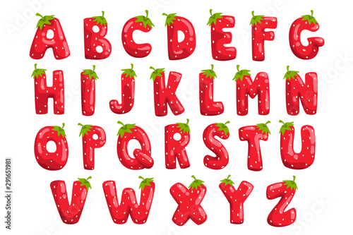 Ripe fresh strawberry English alphabet, bright red berry font vector Illustrations on a white background